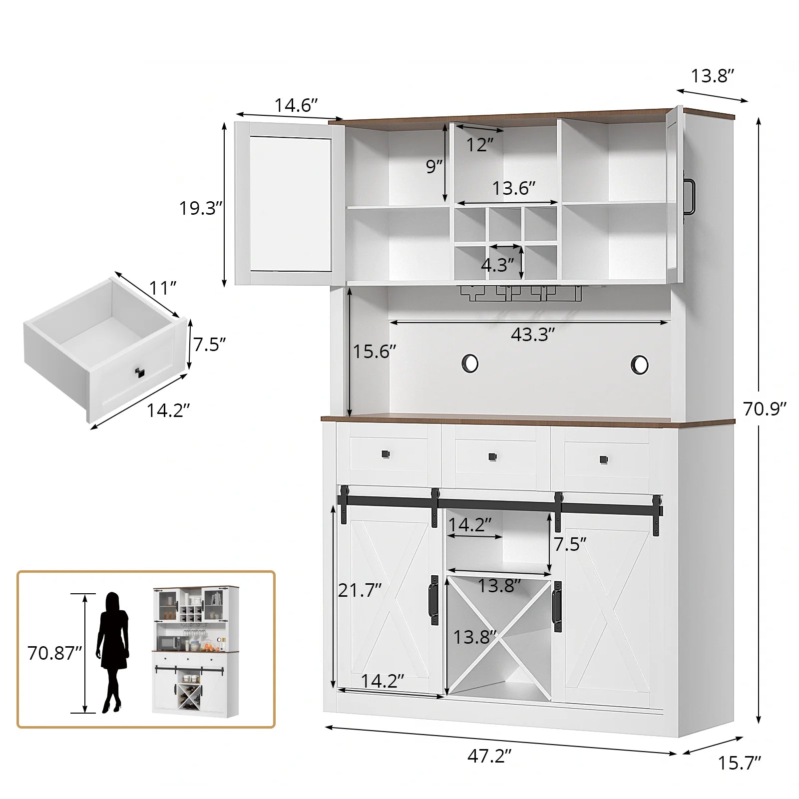 VOWNER Farmhouse Bar Cabinet with Sliding Barn Door, Sideboard Buffet Cabinet with Wine & Glasses Rack, Storage Cabinet for Kitc