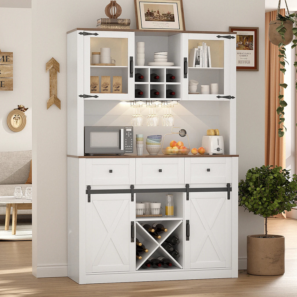 VOWNER Farmhouse Bar Cabinet with Sliding Barn Door, Sideboard Buffet Cabinet with Wine & Glasses Rack, Storage Cabinet for Kitc