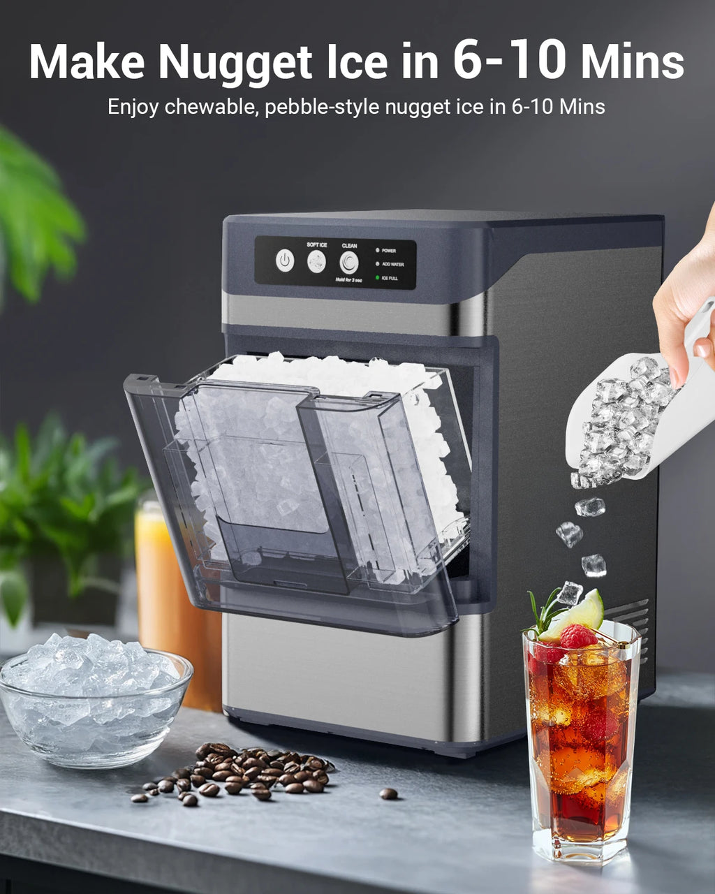 44Lbs/24H Nugget Ice Maker with 0.8 Gallon Tank,Self-Cleaning Portable Countertop Ice Maker,Soft Chewable Pellet Ice Machine