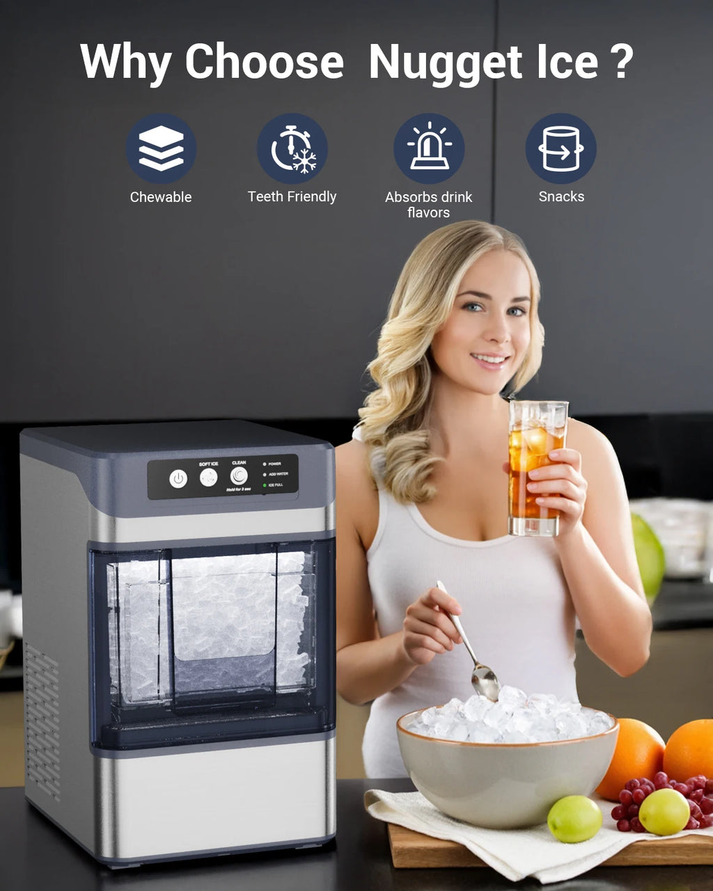 44Lbs/24H Nugget Ice Maker with 0.8 Gallon Tank,Self-Cleaning Portable Countertop Ice Maker,Soft Chewable Pellet Ice Machine