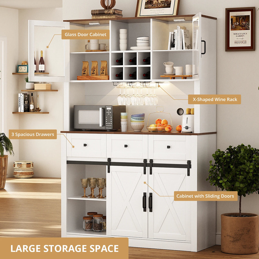 VOWNER Farmhouse Bar Cabinet with Sliding Barn Door, Sideboard Buffet Cabinet with Wine & Glasses Rack, Storage Cabinet for Kitc