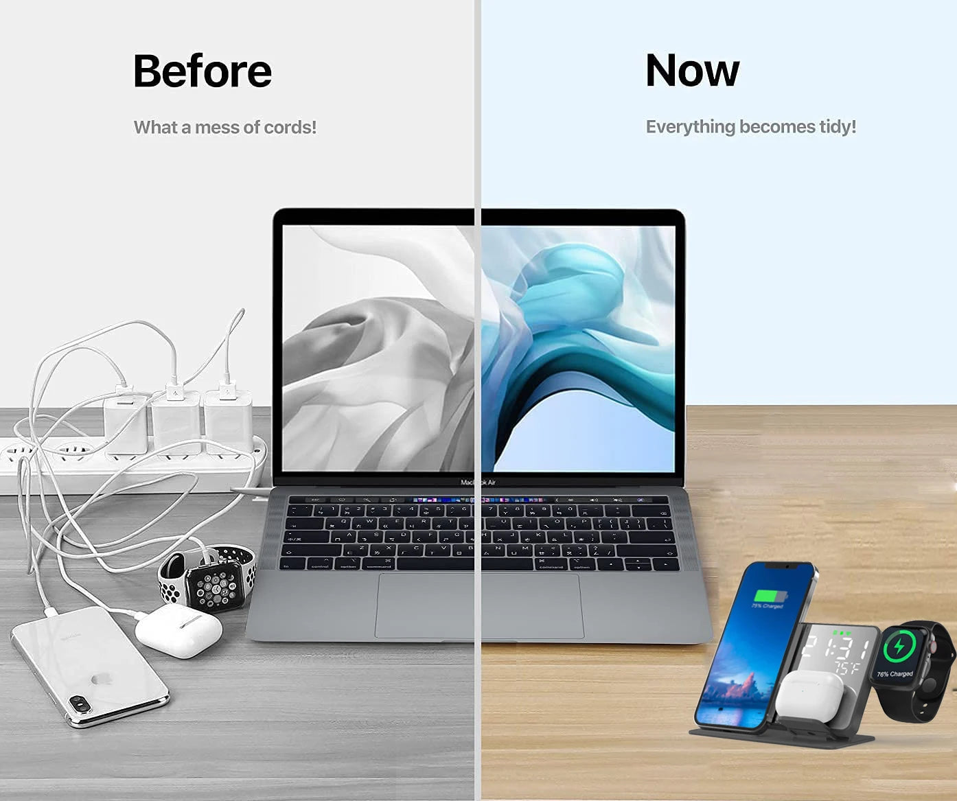3in1 Wireless Charger 15W Fast Charging Dock Desktop LED Digital Alarm Clock for Iphone Wireless Charging Stand 2024 Hot Product