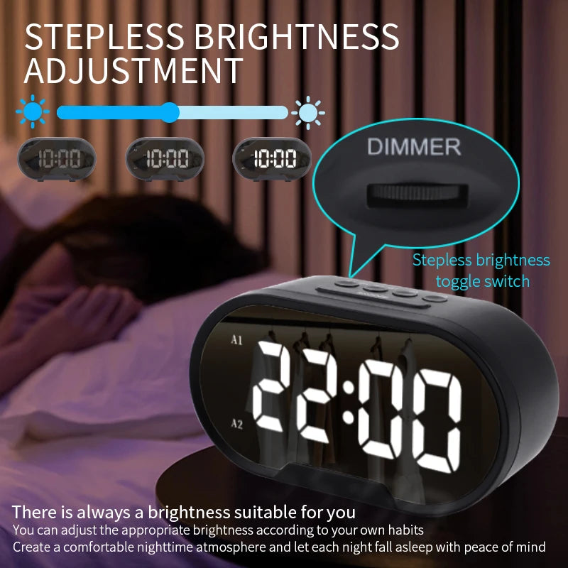 Digital Alarm Clock Mirror Surface Adjustable Brightness and Volume  LED Mirror Bedside Clock for Kid Student