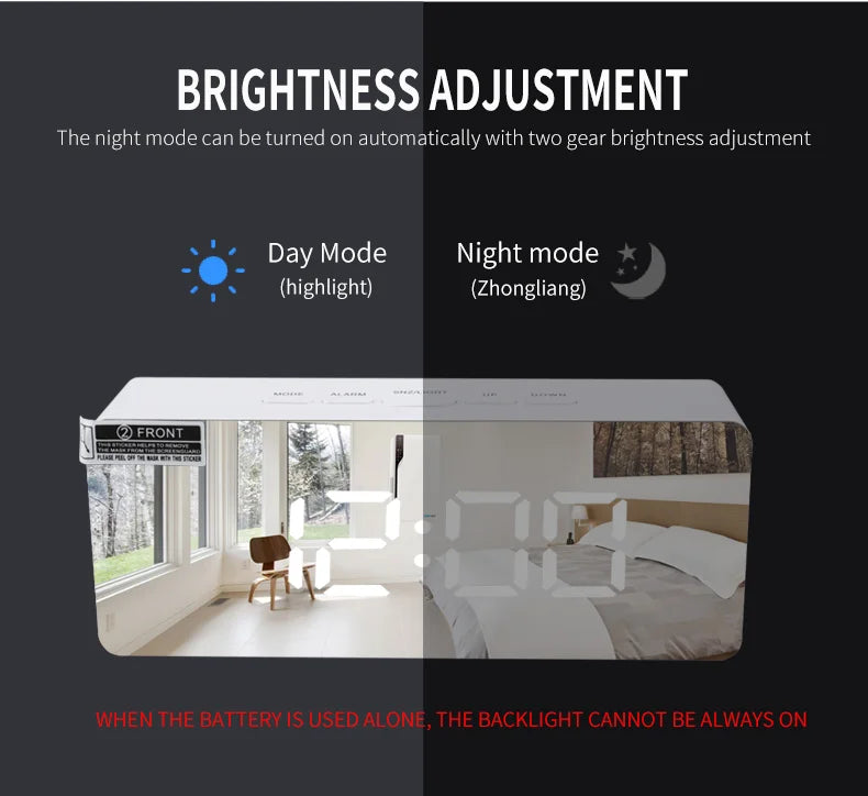 Modern USB Digital Alarm Clock with Mirror Design Battery Operated Non Ticking Bedside Alarm Clock for Bedroom and Desk