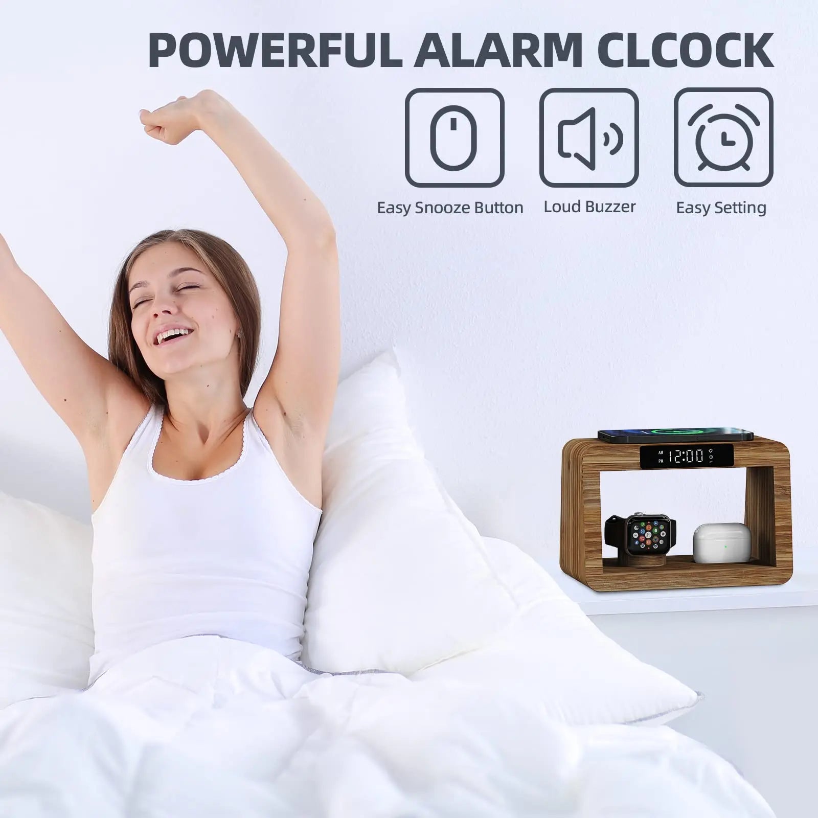 2024 Top Selling Digital Alarm Clock Wireless Charging for iPhone 15 14 Fast Charger with Magnetic Earphones Also for Watches