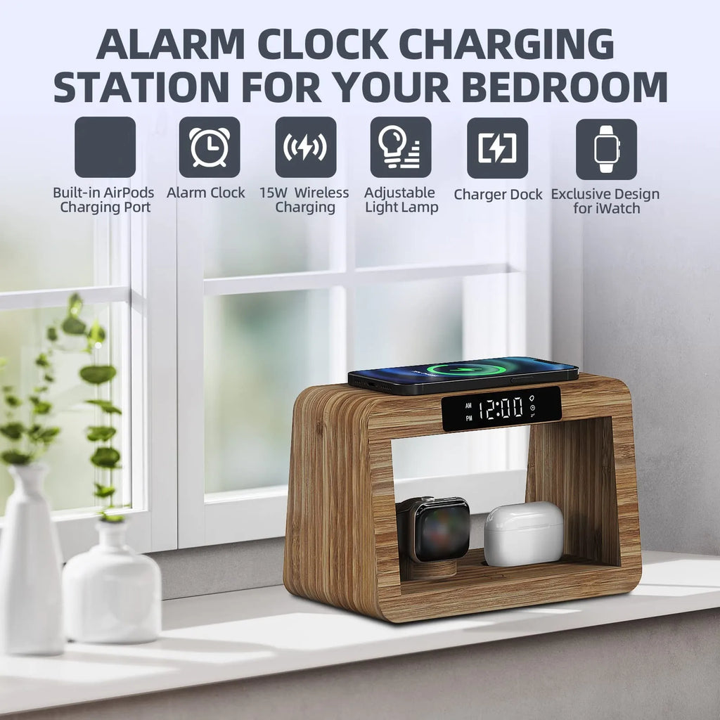 2024 Top Selling Digital Alarm Clock Wireless Charging for iPhone 15 14 Fast Charger with Magnetic Earphones Also for Watches