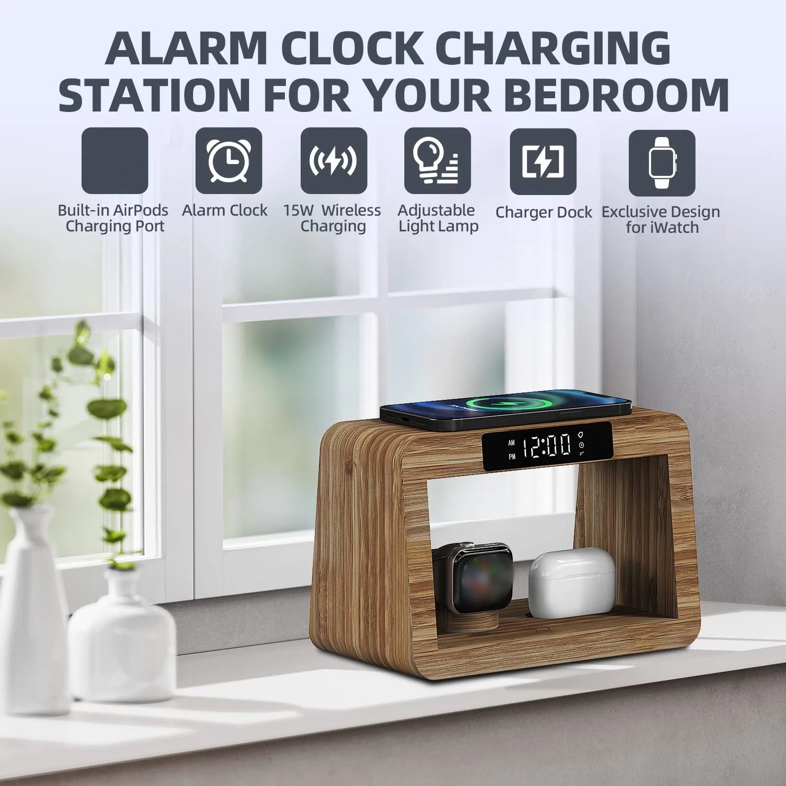 2024 Top Selling Digital Alarm Clock Wireless Charging for iPhone 15 14 Fast Charger with Magnetic Earphones Also for Watches