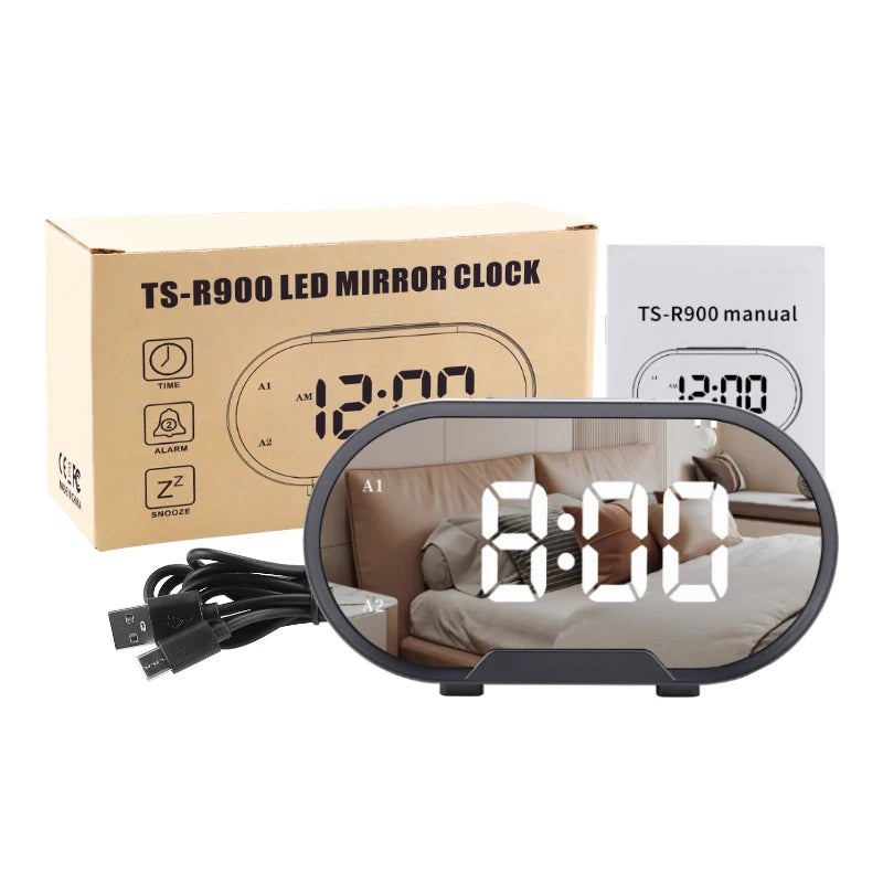 Digital Alarm Clock Mirror Surface Adjustable Brightness and Volume  LED Mirror Bedside Clock for Kid Student