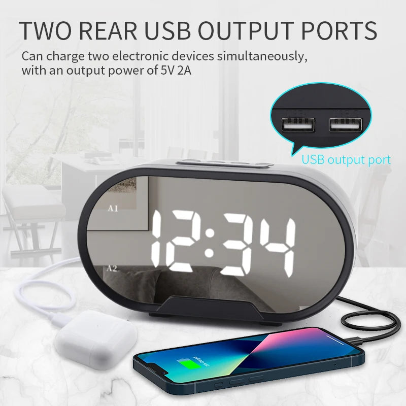 Digital Alarm Clock Mirror Surface Adjustable Brightness and Volume  LED Mirror Bedside Clock for Kid Student