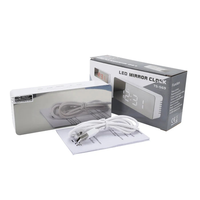 Modern USB Digital Alarm Clock with Mirror Design Battery Operated Non Ticking Bedside Alarm Clock for Bedroom and Desk