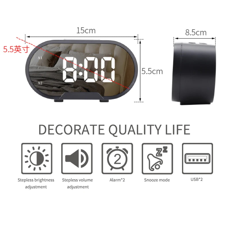 Digital Alarm Clock Mirror Surface Adjustable Brightness and Volume  LED Mirror Bedside Clock for Kid Student