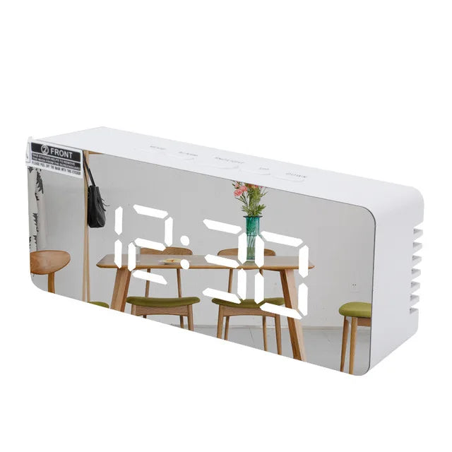 Modern USB Digital Alarm Clock with Mirror Design Battery Operated Non Ticking Bedside Alarm Clock for Bedroom and Desk