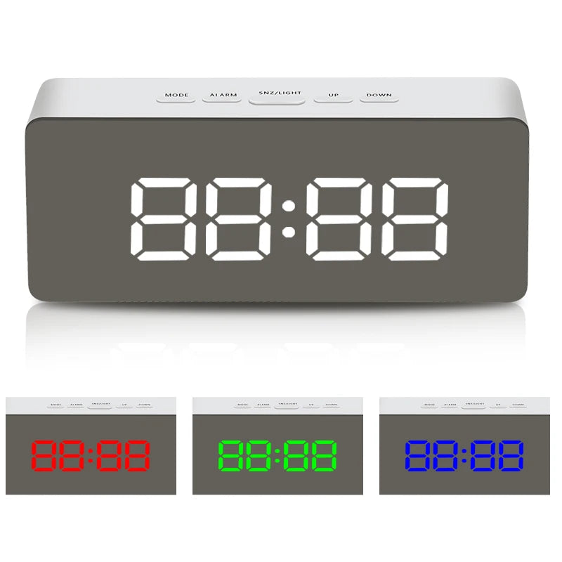 Modern USB Digital Alarm Clock with Mirror Design Battery Operated Non Ticking Bedside Alarm Clock for Bedroom and Desk