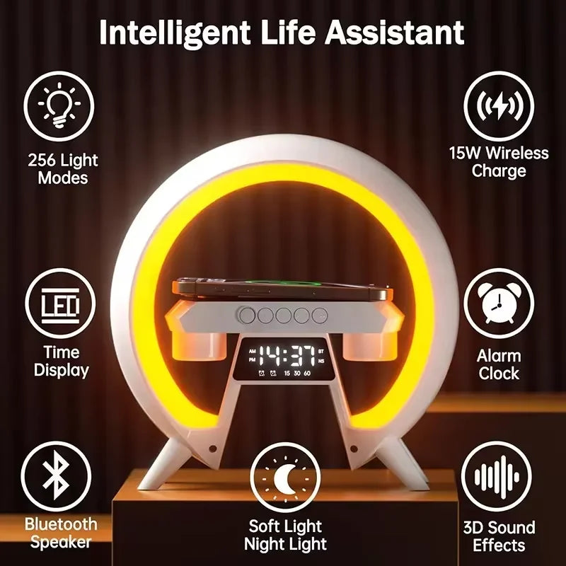 Smart RGB LED Lamp Speaker Wireless Mobile Phone Charger with Night Light FM Radio & Digital Alarm Clock for Home & Party Use
