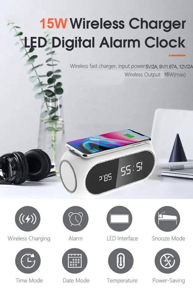 Best Selling Product  Wireless Charging for iphone 15 Temperature Display 15w Wireless Charger LED Digital Alarm Clock Type C