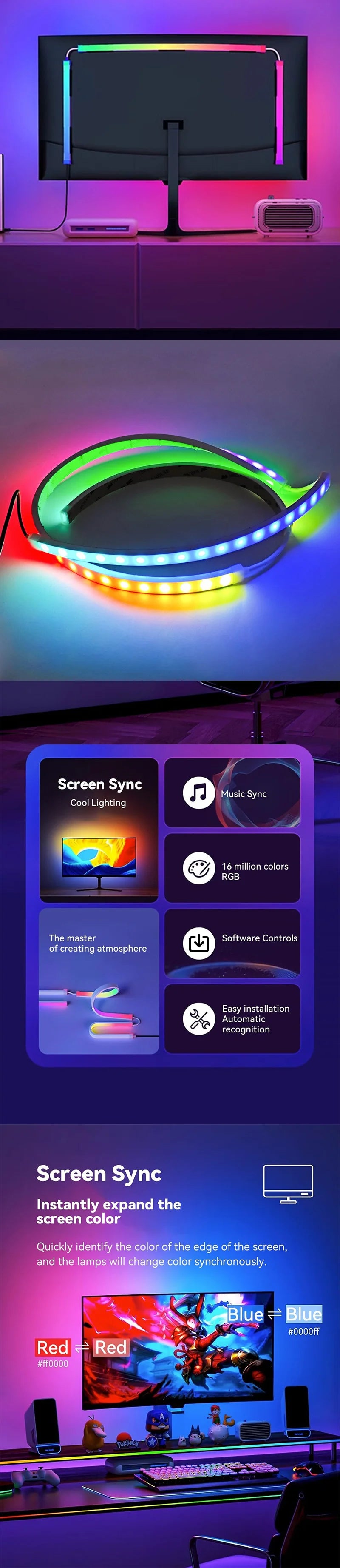 Computer Screen Synchronization Light Strip Monitor Ambilight LED Lights Ambient Lighting PC Backlight Pickup Light Game Room