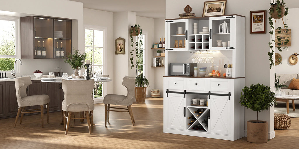 VOWNER Farmhouse Bar Cabinet with Sliding Barn Door, Sideboard Buffet Cabinet with Wine & Glasses Rack, Storage Cabinet for Kitc