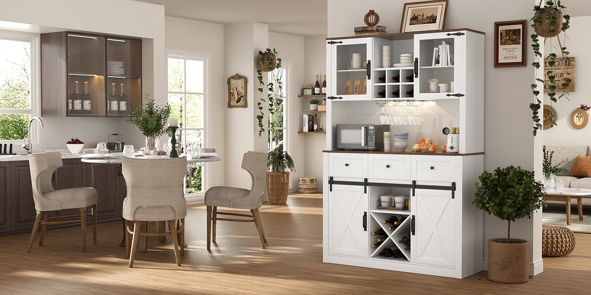 VOWNER Farmhouse Bar Cabinet with Sliding Barn Door, Sideboard Buffet Cabinet with Wine & Glasses Rack, Storage Cabinet for Kitc