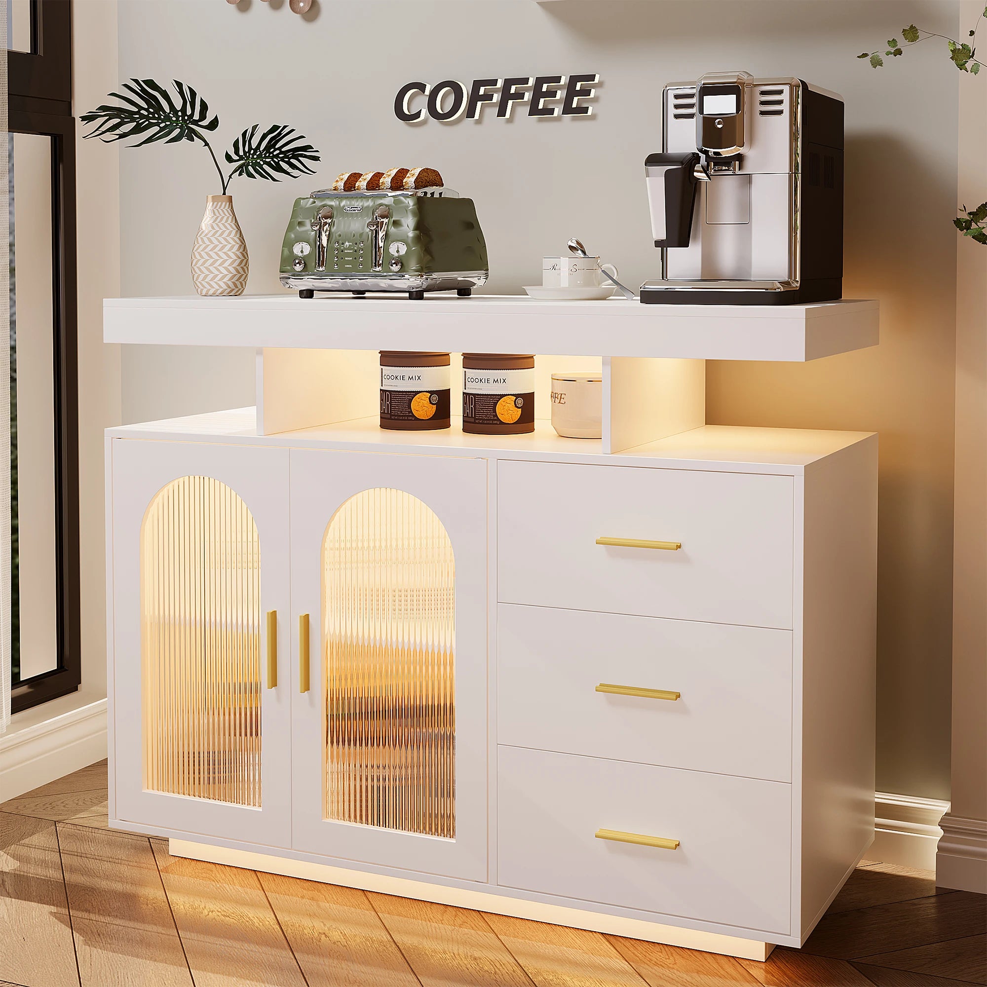 JDPAG 40" LED Buffet Cabinet with Wireless Charging Station,Auto Sensor RGB 20-Color Dimmable Sideboard with Human Body Inductio