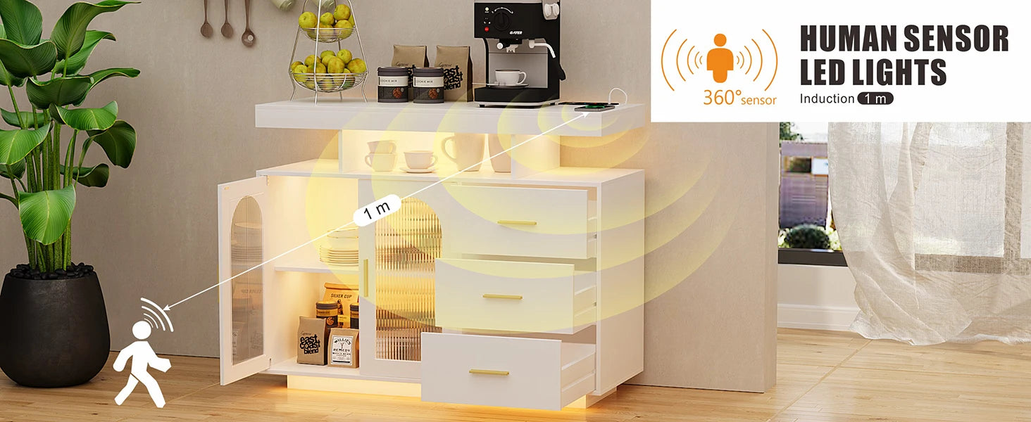 JDPAG 40" LED Buffet Cabinet with Wireless Charging Station,Auto Sensor RGB 20-Color Dimmable Sideboard with Human Body Inductio