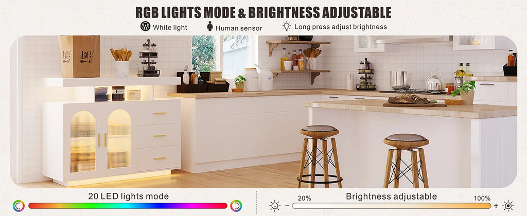 JDPAG 40" LED Buffet Cabinet with Wireless Charging Station,Auto Sensor RGB 20-Color Dimmable Sideboard with Human Body Inductio