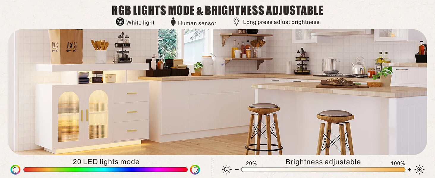 JDPAG 40" LED Buffet Cabinet with Wireless Charging Station,Auto Sensor RGB 20-Color Dimmable Sideboard with Human Body Inductio