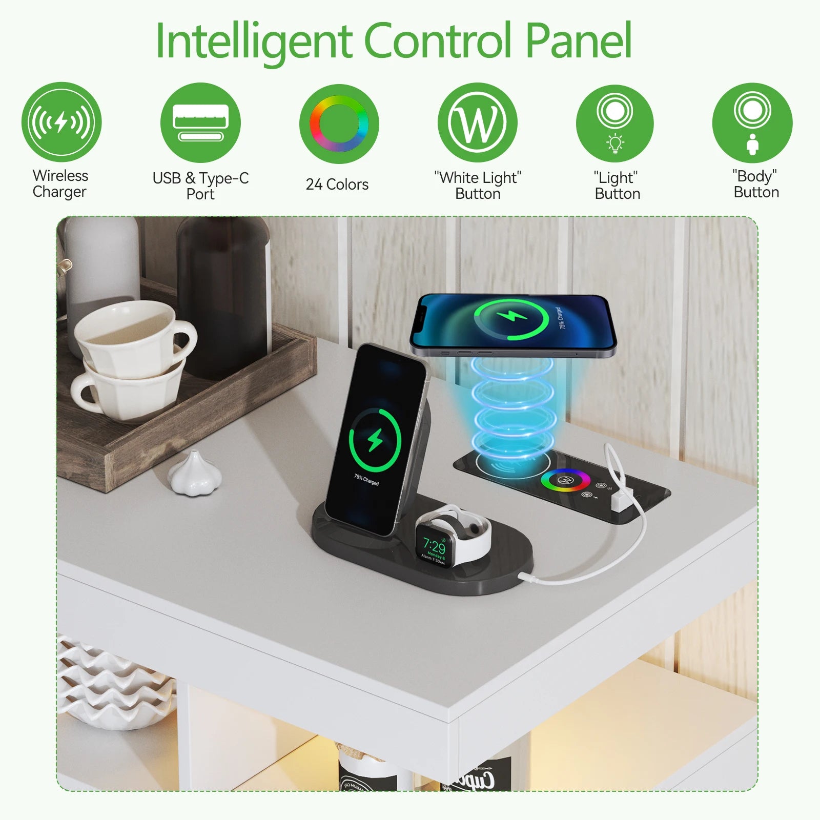 JDPAG 40" LED Buffet Cabinet with Wireless Charging Station,Auto Sensor RGB 20-Color Dimmable Sideboard with Human Body Inductio