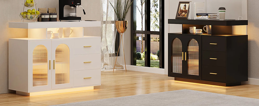 JDPAG 40" LED Buffet Cabinet with Wireless Charging Station,Auto Sensor RGB 20-Color Dimmable Sideboard with Human Body Inductio