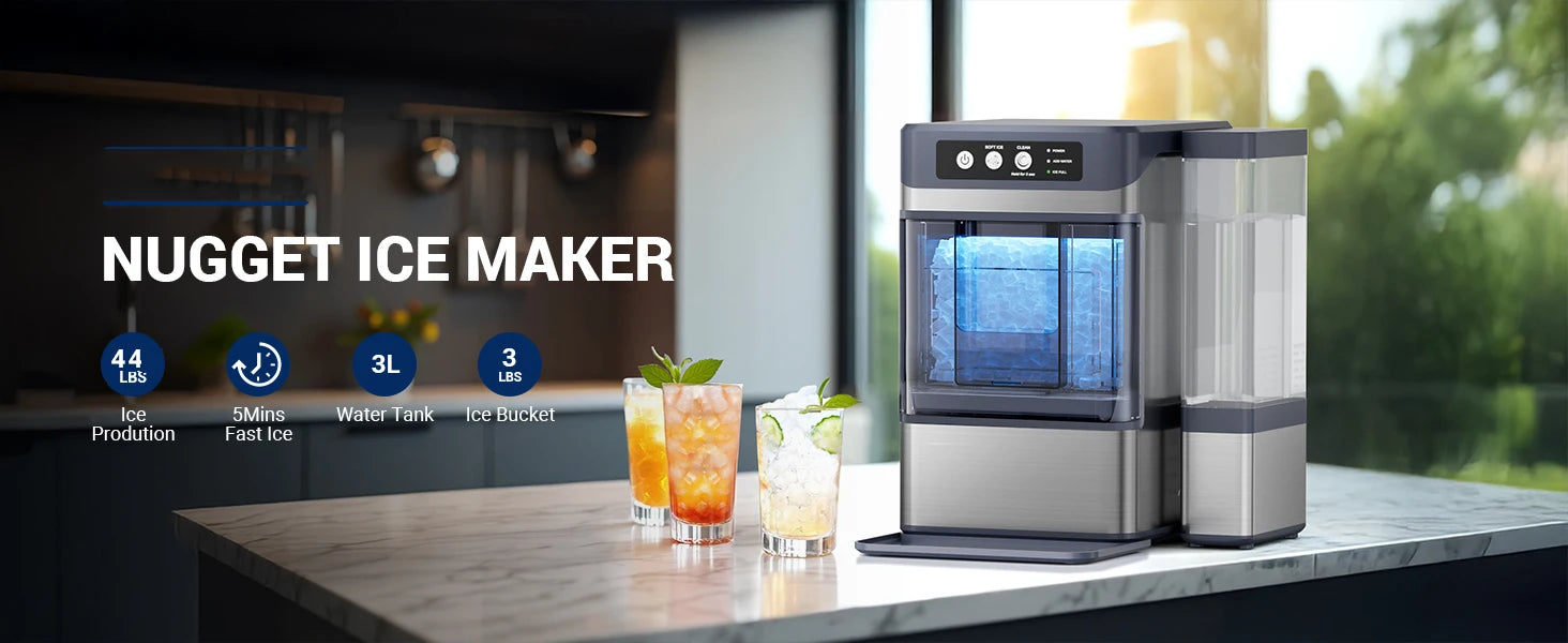 44Lbs/24H Nugget Ice Maker with 0.8 Gallon Tank,Self-Cleaning Portable Countertop Ice Maker,Soft Chewable Pellet Ice Machine
