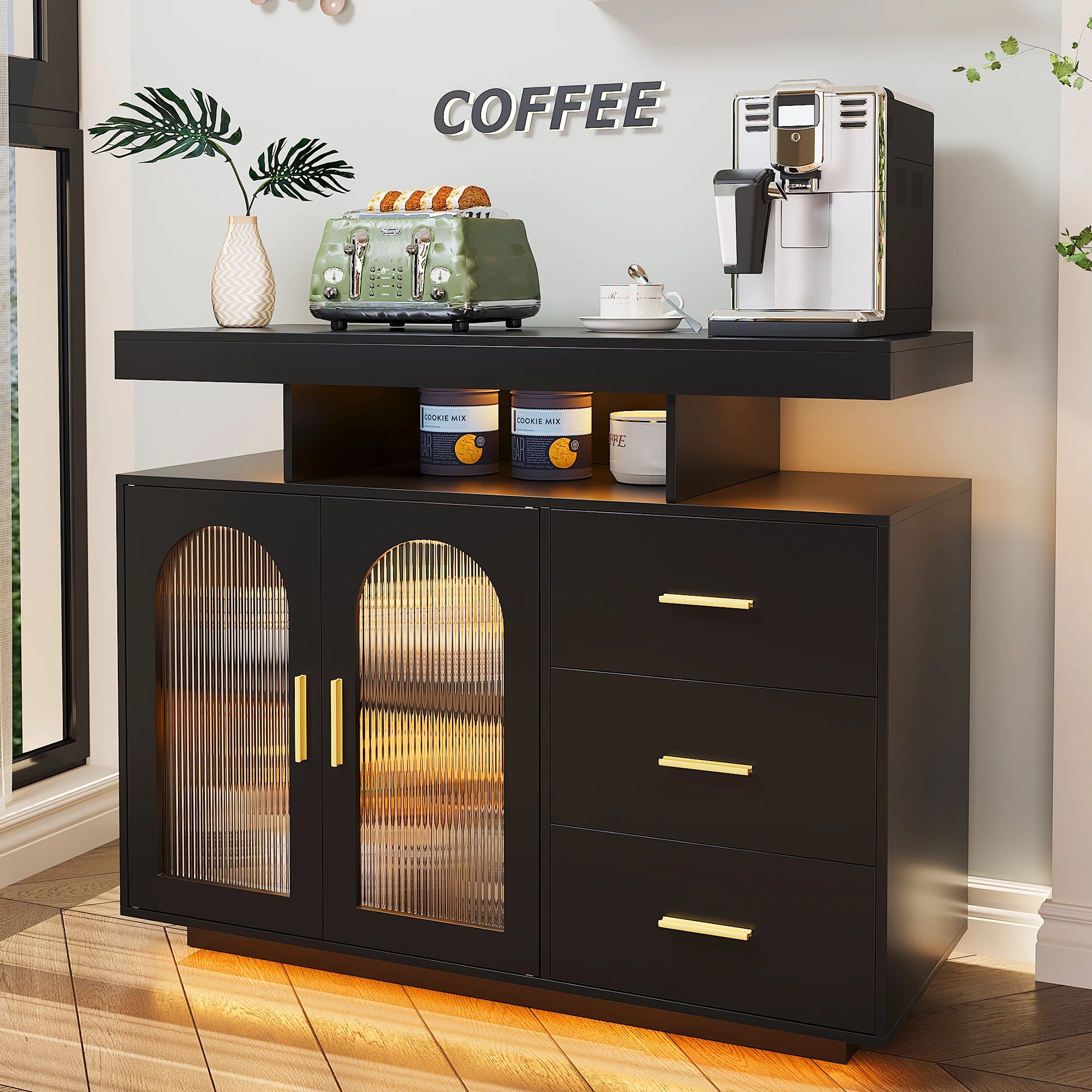 JDPAG 40" LED Buffet Cabinet with Wireless Charging Station,Auto Sensor RGB 20-Color Dimmable Sideboard with Human Body Inductio