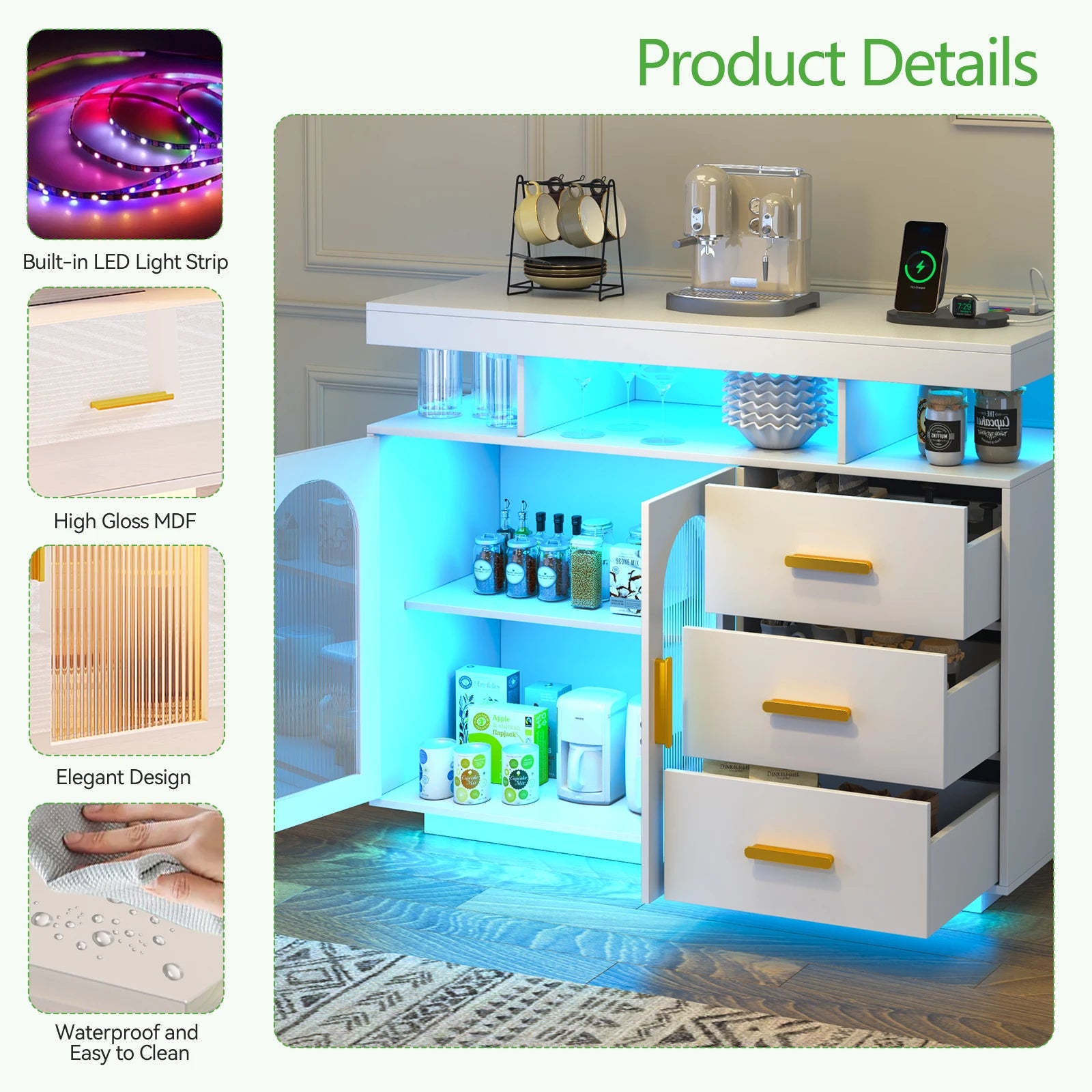JDPAG 40" LED Buffet Cabinet with Wireless Charging Station,Auto Sensor RGB 20-Color Dimmable Sideboard with Human Body Inductio