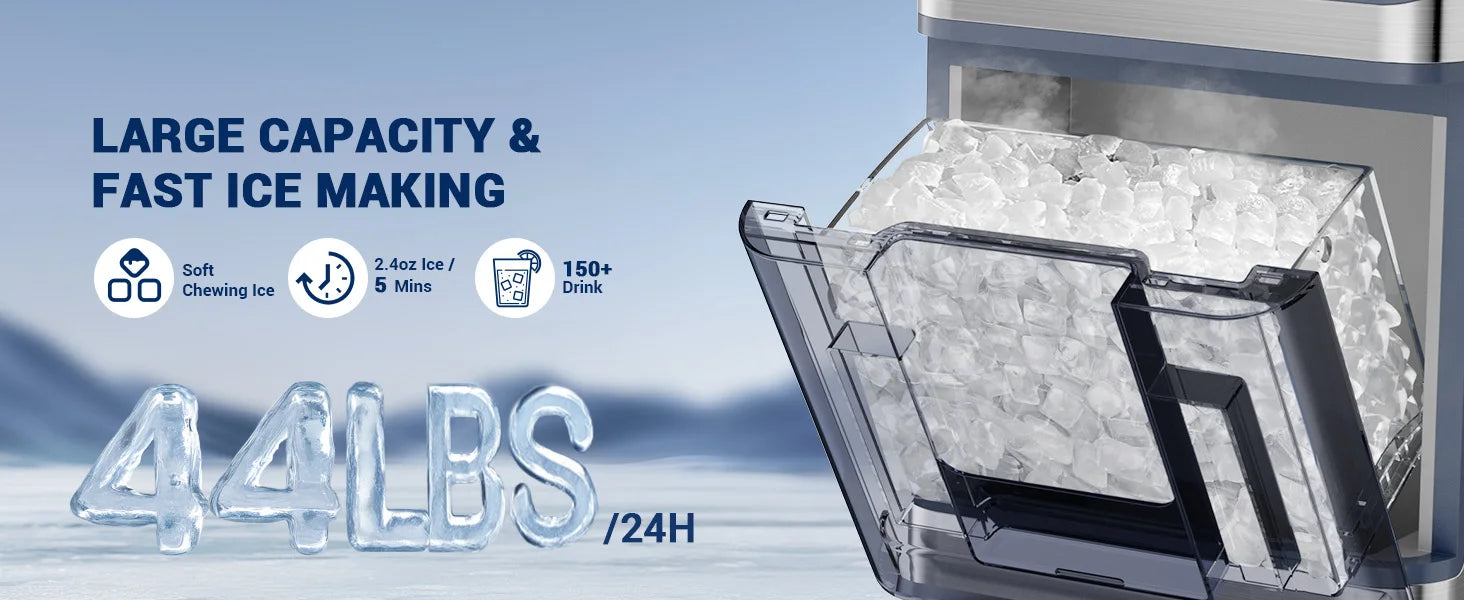 44Lbs/24H Nugget Ice Maker with 0.8 Gallon Tank,Self-Cleaning Portable Countertop Ice Maker,Soft Chewable Pellet Ice Machine