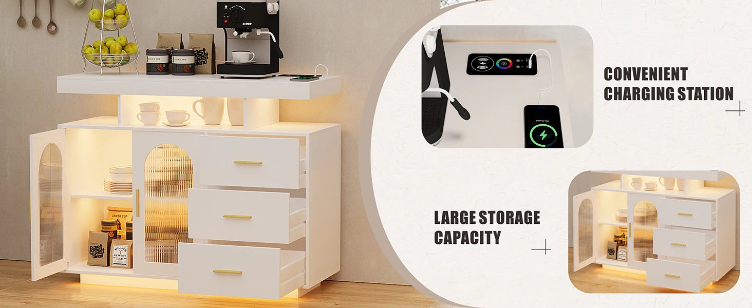 JDPAG 40" LED Buffet Cabinet with Wireless Charging Station,Auto Sensor RGB 20-Color Dimmable Sideboard with Human Body Inductio