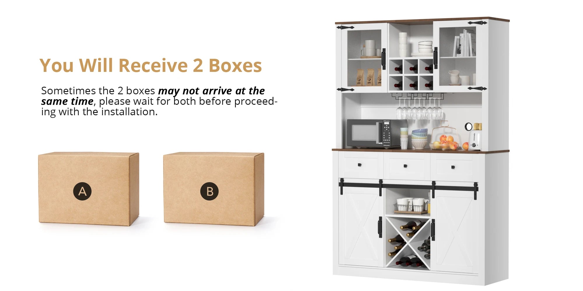 VOWNER Farmhouse Bar Cabinet with Sliding Barn Door, Sideboard Buffet Cabinet with Wine & Glasses Rack, Storage Cabinet for Kitc