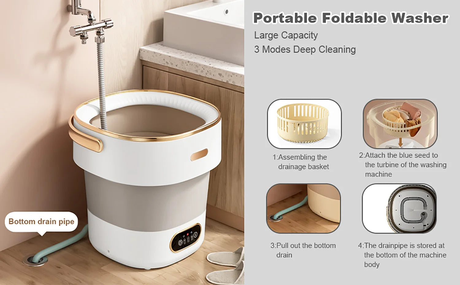 12L/13L Portable Folding Washing Machine With Spin Dry & Blue Light 3 Modes Quiet Compact Washer For RV Dorm Camping Travel