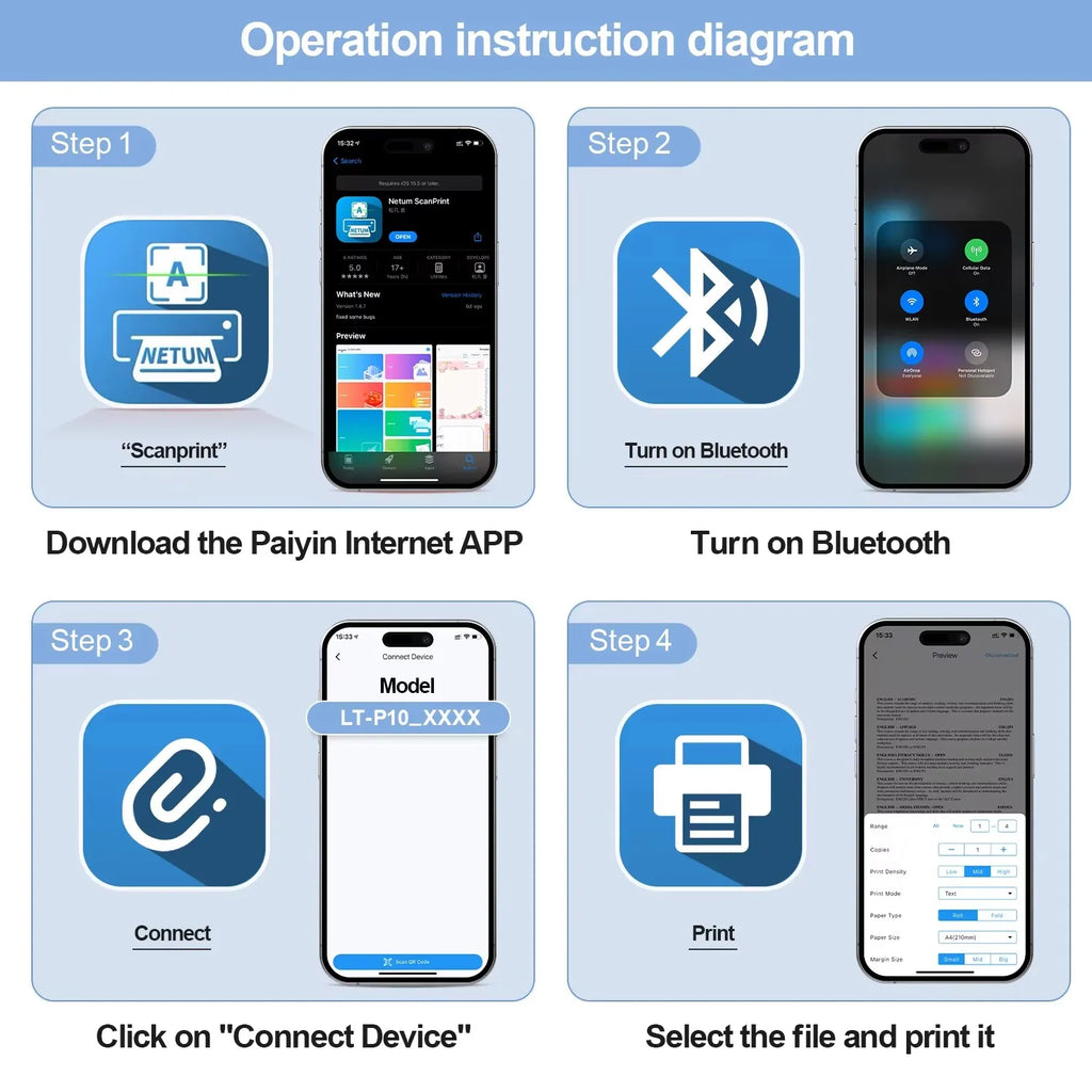 A4 Bluetooth Business Travel  Print Anywhere Inkless 203DPI Portable Rechargeable Thermal Printer LT-P10